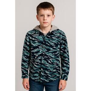 Roebuck Boys Large Camo Hooded Button Down Shirt 14/16 NWOT